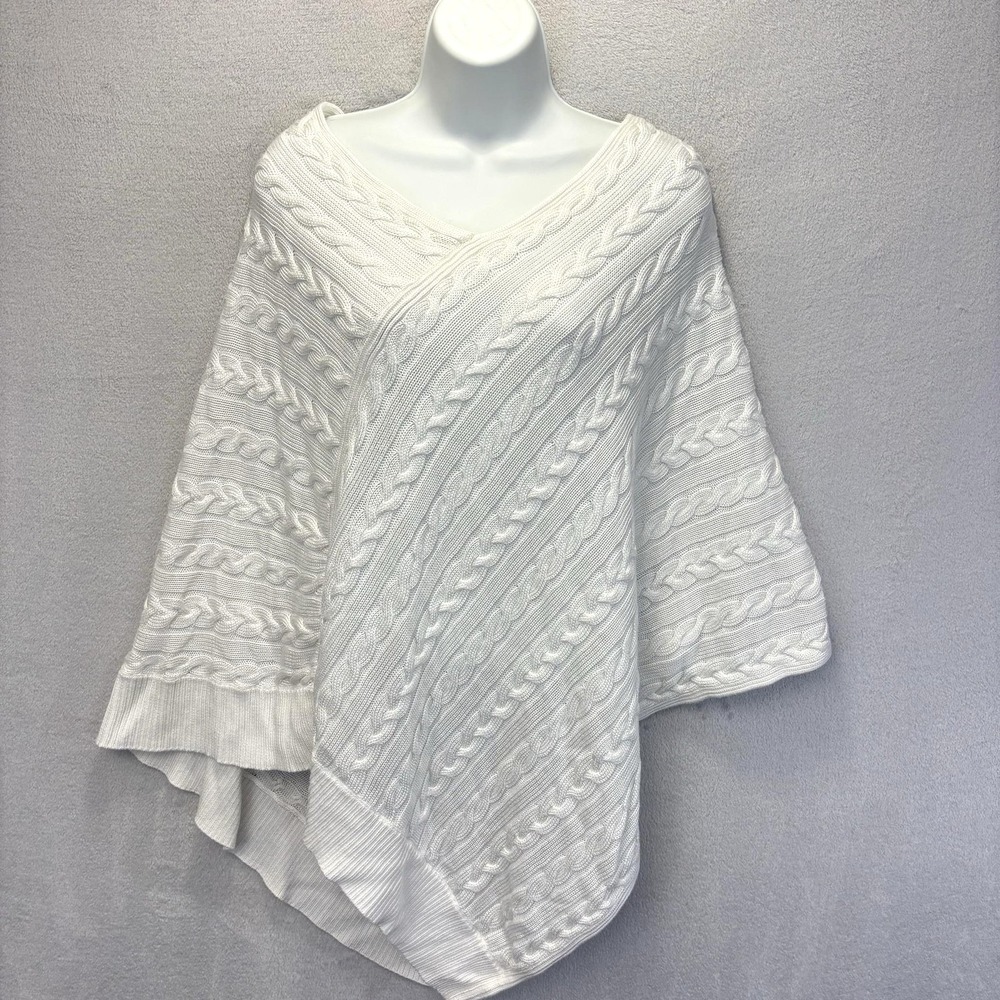 Lauren Ralph Lauren Cable Knit Poncho Cape Sweater Womens One Size White V-Neck